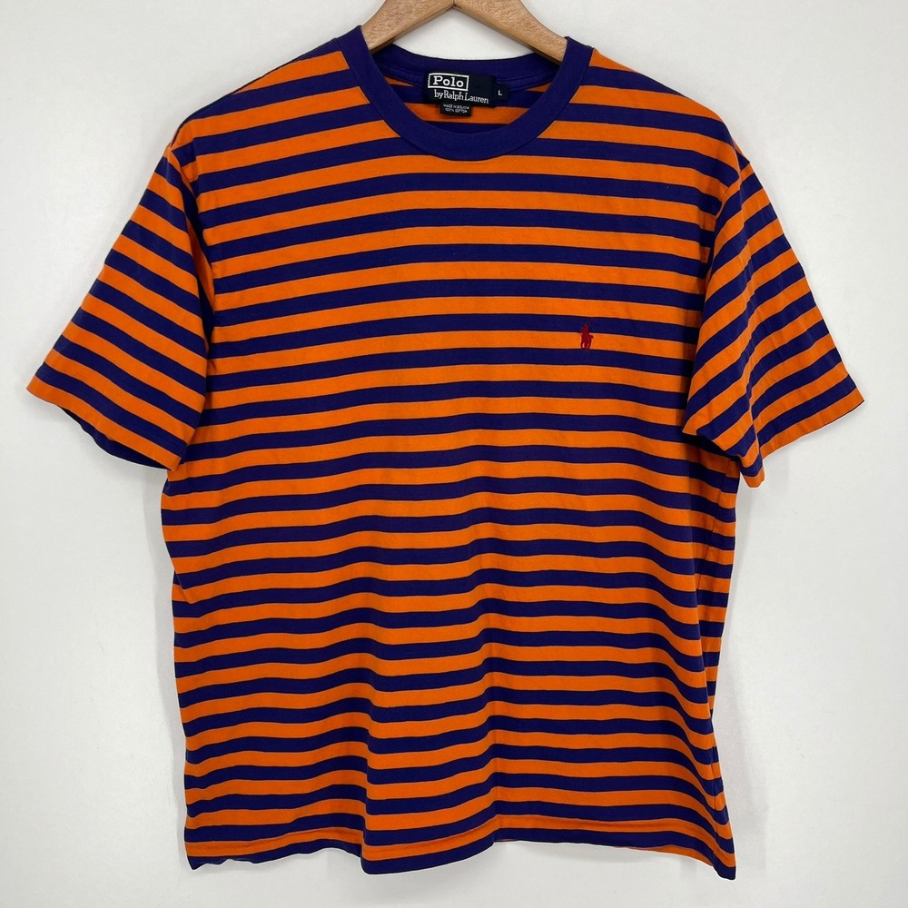 Polo Ralph Lauren Mens Striped T-Shirt Orange Purple Cotton Crew Neck Large